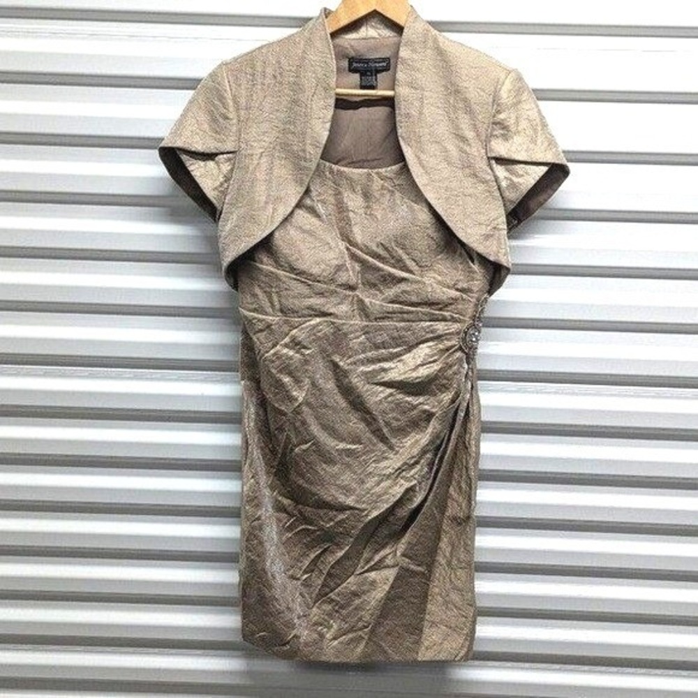 Gilded Glam Metallic Gold Ruched Sheath Dress Bolero Formal Set Jessica Howard